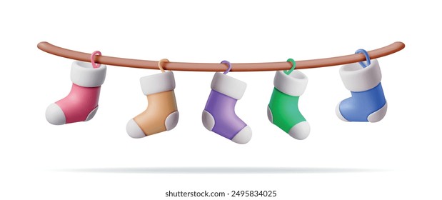 3D Christmas Stocking on Rope, Color Sock Isolated. Render Christmas Cloth Socks. Hanging Holiday Decorations for Gifts. New Year and Xmas Celebration. Realistic Vector Illustration