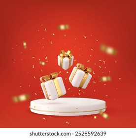 3d Christmas style Product podium scene with flying falling white gift box with gold bow. Merry Christmas and New Year festive banner design, greeting card. 3d rendering. Vector illustration