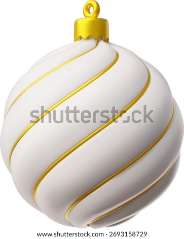 3D Christmas tree ball, white with curved golden lines, convex shape, New Year's decoration. Design for cards and invitations. Merry Christmas Vector realistic illustration. Isolated background.