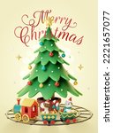 3D Christmas tree decorated with colorful baubles with toy train going underneath on yellow background