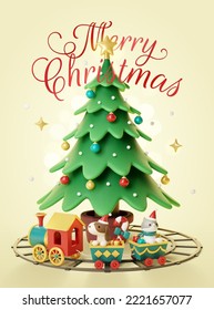 3D Christmas tree decorated with colorful baubles with toy train going underneath on yellow background