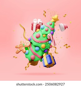 3D Christmas tree decorated with gift boxes, colorful balls, garland lights, golden star. Render spruce, evergreen tree. Greeting card, festive poster, party invitations. New year. Vector illustration