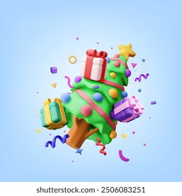 Árbol de Navidad 3D decorado con cajas de regalo, bolas de colores, luces de guirnalda, estrella de oro. Render abeto, árbol de hoja perenne. Tarjeta de felicitación, cartel festivo, invitaciones de fiesta. Nuevo año. Ilustración vectorial