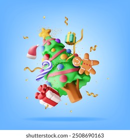 Árbol de Navidad 3D decorado con cajas de regalo, bolas de colores, luces de guirnalda, estrella de oro. Render abeto, árbol de hoja perenne. Tarjeta de felicitación, cartel festivo, invitaciones de fiesta. Nuevo año. Ilustración vectorial