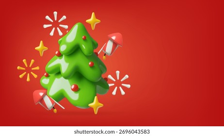 3d Christmas tree with fireworks on red background. Cute plastic New Year holiday vector illustration.