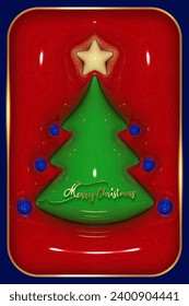 3D Christmas Tree in glossy plastic design, three-dimensional glowing card, bright green fir for cover, invitation, calendar, party, label, fashion vector illustration on shiny red background