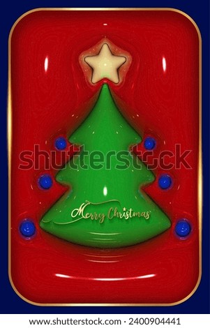 3D Christmas Tree in glossy plastic design, three-dimensional glowing card, bright green fir for cover, invitation, calendar, party, label, fashion vector illustration on shiny red background