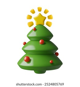 3d Christmas tree icon with shining star and red holiday decorations. Minimal New Year pine tree illustration in a cute plastic toy style.