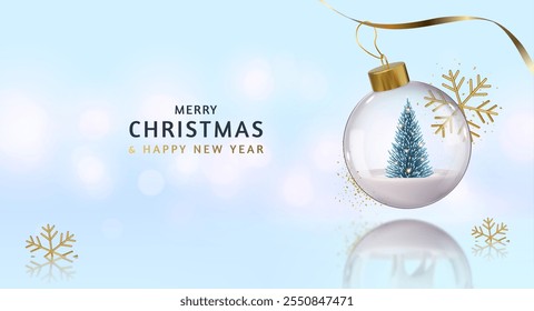 3d Christmas tree inside transparent Christmas ball. Merry Christmas and New Year greeting card. 3d rendering. Vector illustration