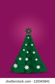 3d Christmas tree on purple background with stars