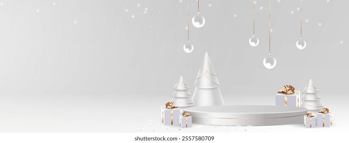 3d Christmas tree podium. Happy New Year background for winter sale with silver decoration. Xmas greeting platform for product with premium gift illustration. Holiday discount for celebration