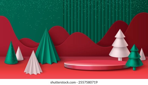 3d Christmas tree podium. Merry Xmas red banner bg for product display on sale. New Year stage with holiday decoration for promotion. Premium advertising platform for happy celebration illustration