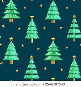 3d Christmas tree seamless pattern with gold stars background