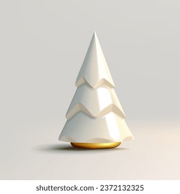 3D Christmas tree stylized icon, white ceramic toy with golden bottom, glossy enamel, modern render holiday gift, design element