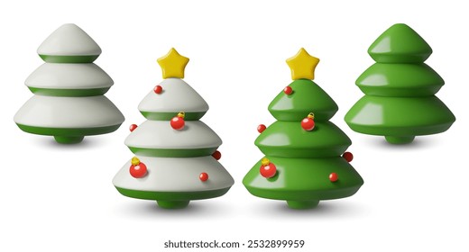 3d Christmas tree and winter pine trees with star and red balls. Minimal New Year illustrations set in a cute plastic toy style.
