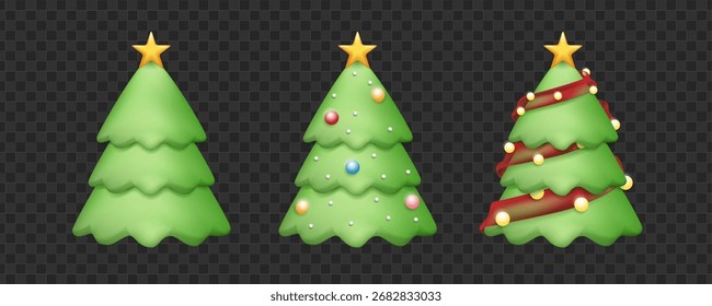 Árboles de Navidad 3D diferentes Formas sobre fondo blanco. estilo realista de dibujos animados de diseño 3D para la Navidad con Elementos de vacaciones decorativos. diseño de Vector.