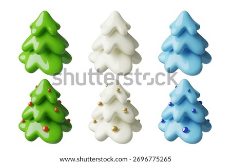 3d Christmas trees isolated on white background. Green, snowy white and blue pines collection with and without holiday decorations. Vector illustrations set.
