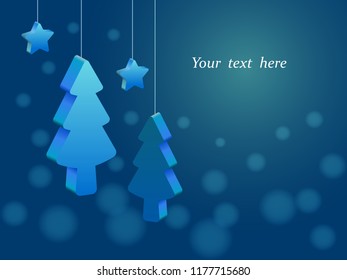 3D Christmas trees and stars hanging on a thread, blue background, place for text