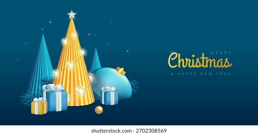 3d Christmas trees, string of lights, fir tree branch and gift boxes on blue background. Christmas holiday background. Vector illustration