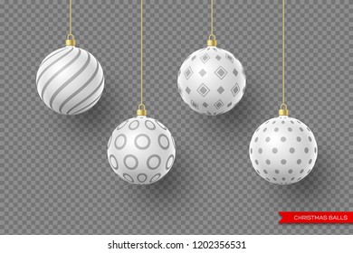 3d Christmas white balls with geometric pattern. Decorative elements for holiday new year design. Isolated on transparent background. Vector illustration.