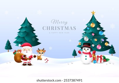 3d Christmas winter background with Christmas tree, Santa, snow man, reindeer. Vector template for greeting cards, promotional banner.