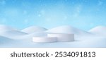 3d Christmas Winter landscape with snow drifts and product podium scene. Christmas Snow drifts. 3d rendering. Vector illustration