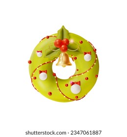 3d Christmas Wreath and Branch Mistletoe with Leaves and Red Berries Cartoon Style Isolated on a White Background. Vector illustration