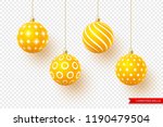 3d Christmas yellow balls with geometric pattern. Decorative elements for holiday new year design. Isolated on transparent background. Vector illustration.