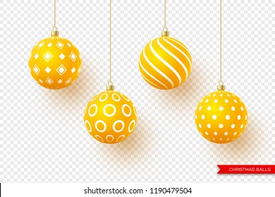 3d Christmas yellow balls with geometric pattern. Decorative elements for holiday new year design. Isolated on transparent background. Vector illustration.