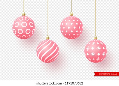 3d Christmas yellow balls with geometric pattern. Decorative elements for holiday new year design. Isolated on transparent background. Vector illustration.