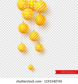 3d Christmas yellow balls with geometric pattern. Decorative elements for holiday new year design. Isolated on transparent background. Vector illustration.