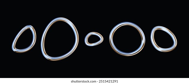 3d chrome abstract circle figure. Silver metal curve element isolated. Y2k ring, 3d path, doodles. Dynamic line shapes. Set vector trend 3d illustration