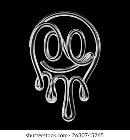 3D chrome abstract figure resembling a melting happy face in Y2K retrofuturistic style. Glossy metallic tube with curved dripping lines. Isolated stylized character symbol