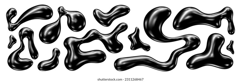 Formas líquidas abstractas cromadas 3D. Objetos metálicos inflados. Conjunto de elementos vectoriales de representación realista