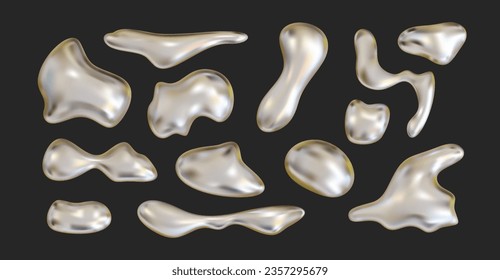 3D chrome abstract liquid shapes, inflated metal objects. Realistic y2k holographic fluid vector element for moden futuristic design aesthetics.