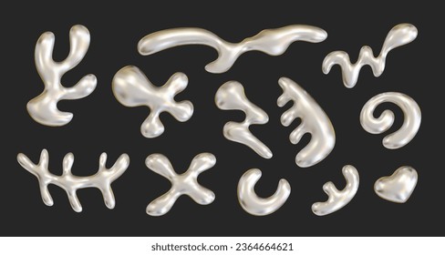 3D Chrome Abstract Liquid Shapes, resembling inflated metallic objects. Realistic Y2K holographic fluid vector elements for a modern futuristic design aesthetic