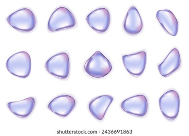 Formas líquidas abstractas de cromo 3D. Forma líquida holográfica 3d, conjunto de burbujas de fluido cromado iridiscente. Objetos metálicos inflados. Elemento vector de fluido holográfico y2k realista