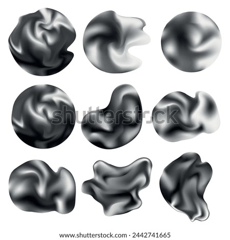 3D Chrome abstract liquid shapes collection for different design.Isolated volumetric futuristic forms.Different abstract metal objects set. Vector realistic rendering elements with liquid metal effect