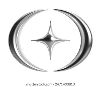 3d chrome abstract star flanked two crescent shapes. Shiny metallic silver surface in y2k style. Isolated vector element for retrofuturistic, cosmic, celestial, sci-fi designs, adding a modern touch