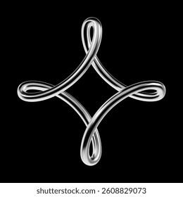 3D chrome abstract star shape with fluid looped lines in Y2K style. Metallic silver symbol or icon, isolated design element with futuristic aesthetic 