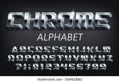 3D Chrome alphabet font. Futuristic metallic letters, numbers and symbols with shadow. Stock vector typescript for your design.