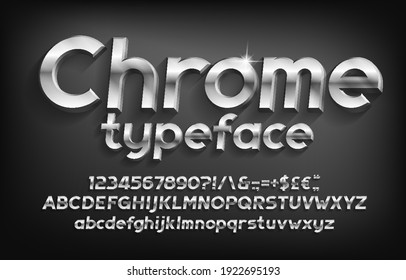 3D Chrome alphabet font. Metallic letters, numbers and punctuation with shadow. Stock vector typeface for your typography design.