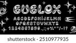 3D chrome balloon bubble font in Y2K style. Realistic shiny silver inflated letters, numbers, and symbols with liquid metal effect for modern retro typography, banners, posters, and digital design