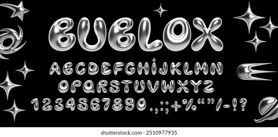 3D chrome balloon bubble font in Y2K style. Realistic shiny silver inflated letters, numbers, and symbols with liquid metal effect for modern retro typography, banners, posters, and digital design