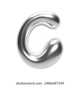 3D chrome bubble letter C in Y2K futuristic style. Inflated liquid metal form with shiny silver glossy surface. Isolated alphabet letter from trendy vector render font for modern typography and design