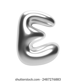 3D chrome bubble letter E in Y2K futuristic style. Shiny silver glossy surface with inflated aluminum liquid metal form. Isolated alphabet letter from trendy vector render font for modern typography