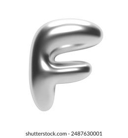 3D chrome bubble letter F in Y2K futuristic style. Shiny silver glossy surface with inflated liquid metal form. Isolated alphabet letter from trendy vector render font for modern typography and design