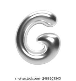 3D chrome bubble letter G in futuristic Y2K style. Inflated aluminum liquid metal form with shiny silver glossy surface. Isolated alphabet letter from trendy vector render font for modern typography