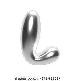 3D chrome bubble letter L in Y2K futuristic style. Shiny silver glossy surface with inflated liquid metal form. Isolated alphabet letter from trendy vector render font for modern typography and design