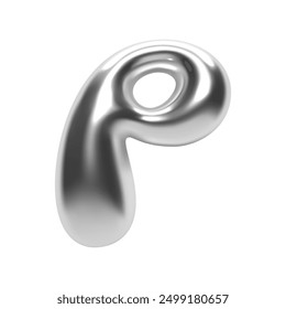 3D chrome bubble letter P in Y2K futuristic style. Shiny silver glossy surface with inflated liquid metal form. Isolated alphabet letter from trendy vector render font for modern typography and design